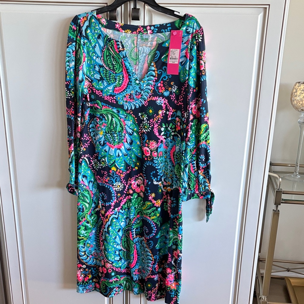 NWT Lilly Pulitzer Navy Paisley 3/4 Sleeve Shift Dress SZ XS
